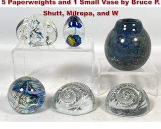 Lot 1268 6pc Lot Studio Art Glass including 5 Paperweights and 1 Small Vase by Bruce P. Shutt, Milropa, and W