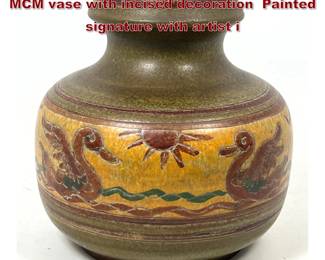 Lot 1042 Vintage Italian Art Pottery Vase MCM vase with incised decoration Painted signature with artist i
