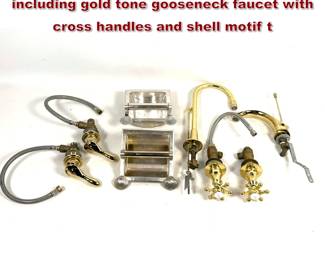 Lot 1264 Salvaged bathroom hardware including gold tone gooseneck faucet with cross handles and shell motif t