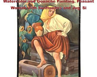 Lot 1192 Large Wladyslaw Skoczylas Watercolor and Gouache Painting. Peasant Woman with Sunflowers and Jug. Si