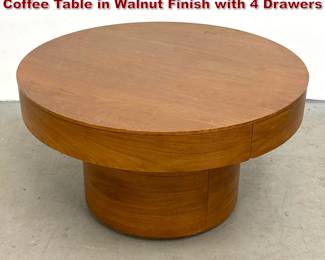 Lot 857 West Elm Volume Round Pedestal Coffee Table in Walnut Finish with 4 Drawers