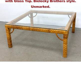 Lot 743 Rattan Wrapped Square Coffee Table with Glass Top. Bielecky Brothers style. Unmarked.