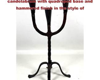 Lot 1010 Hand forged wrought iron 3 light candelabrum with quadrupod base and hammered finish in the style of