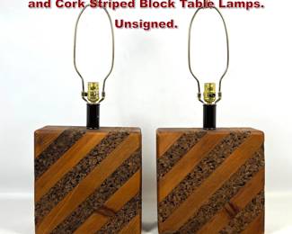 Lot 850 Pair of MidCentury Modern Wood and Cork Striped Block Table Lamps. Unsigned.
