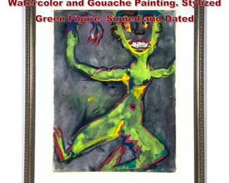 Lot 1094 Boniface NeoExpressionist Watercolor and Gouache Painting. Stylized Green Figure. Signed and Dated 