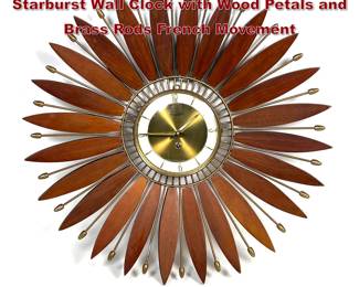 Lot 954 Forestville Mid Century Modern Starburst Wall Clock with Wood Petals and Brass Rods French Movement