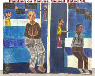 Lot 1195 L Fink Outsider Art Subway Scene Painting on Canvas. Signed Dated 54.