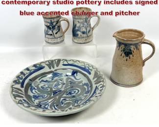 Lot 1256 4 pcs Everette Busbee contemporary studio pottery includes signed blue accented charger and pitcher 