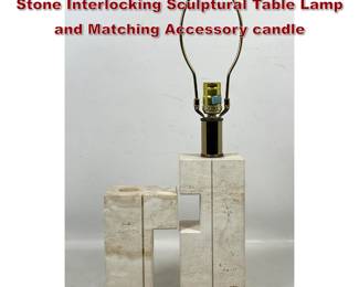 Lot 1058 2pc Laurel Modern Travertine Stone Interlocking Sculptural Table Lamp and Matching Accessory candle 
