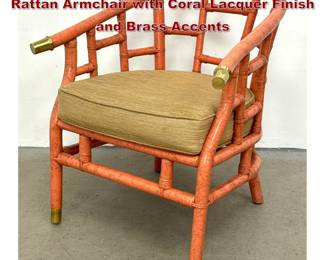 Lot 737 Ficks Reed Style Faux Bamboo Rattan Armchair with Coral Lacquer Finish and Brass Accents