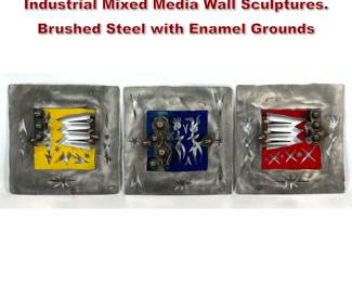 Lot 953 3pc CS Signed Contemporary Industrial Mixed Media Wall Sculptures. Brushed Steel with Enamel Grounds