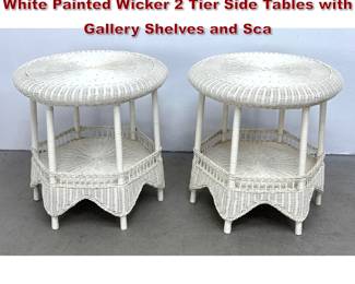 Lot 861 Pair of Hollywood Regency Style White Painted Wicker 2 Tier Side Tables with Gallery Shelves and Sca