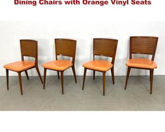 Lot 936 set 4 John Stuart Walnut and Rattan Dining Chairs with Orange Vinyl Seats