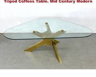 Lot 877 Triangular Shape Glass and Brass Tripod Coffees Table. Mid Century Modern 