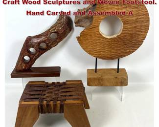 Lot 1240 3pc Lot Organic Modern Studio Craft Wood Sculptures and Woven Footstool. Hand Carved and Assembled A