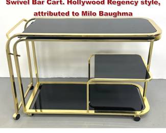Lot 787 Expanding Brass and Black Glass Swivel Bar Cart. Hollywood Regency style, attributed to Milo Baughma