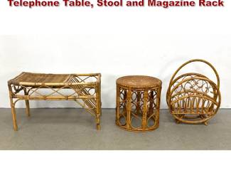 Lot 858 3pc Vintage Rattan and Bamboo Telephone Table, Stool and Magazine Rack