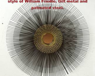 Lot 784 Brutalist Sunburst Wall Mirror in the style of William Friedle. Gilt metal and patinated steel.