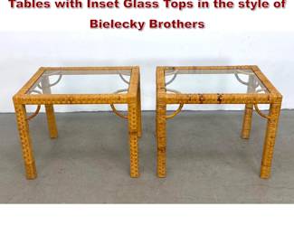 Lot 744 Pair Rattan Wrapped Square Side Tables with Inset Glass Tops in the style of Bielecky Brothers