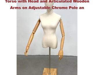 Lot 917 Female Dress Form Mannequin Torso with Head and Articulated Wooden Arms on Adjustable Chrome Pole an