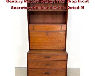 Lot 1007 2pc Ramseur Furniture Co. Mid Century Modern Walnut Thin Drop Front Secretary Desk and Hutch Dated M