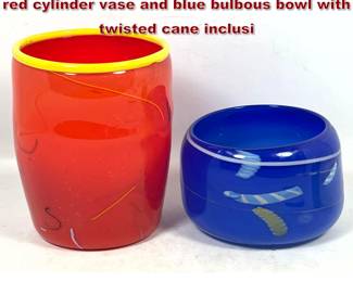 Lot 1057 2pc Hand blown art glass with tall red cylinder vase and blue bulbous bowl with twisted cane inclusi