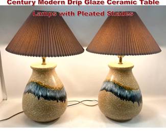 Lot 931 Pair of Sunset Cosco Inc Mid Century Modern Drip Glaze Ceramic Table Lamps with Pleated Shades