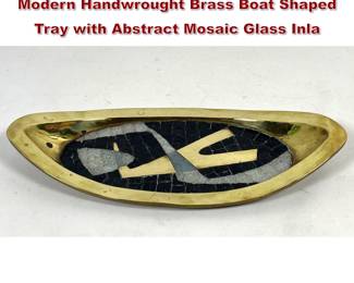 Lot 1066 Salvador Teran Mid Century Modern Handwrought Brass Boat Shaped Tray with Abstract Mosaic Glass Inla