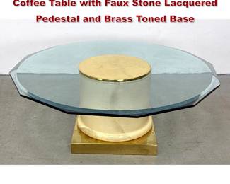 Lot 818 PostModern Octagonal Glass Top Coffee Table with Faux Stone Lacquered Pedestal and Brass Toned Base