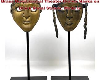 Lot 1016 A Pair of Sarreid Ltd Antiqued Brass Neoclassical Theater Drama Masks on Black Metal Stands. Made in