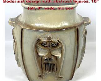 Lot 1039 Soholm Denmark Art Pottery Vase Modernist design with abstract figures. 10 tall, 9 wide. Incised