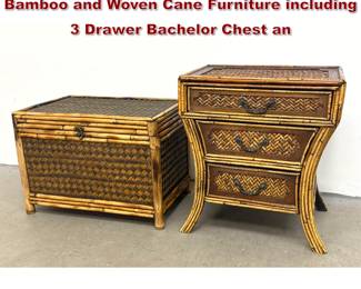 Lot 763 2pc lot of Mid Century Tropical Bamboo and Woven Cane Furniture including 3 Drawer Bachelor Chest an