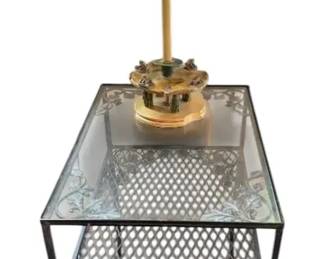 Vintage Woodard Wrought Iron Glasstop Outdoor Endtable With Frog Lamp