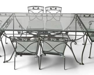 Ivy Wrought Iron Glass Top Patio Table w Six Chairs