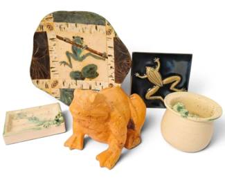 HandCarved Wooden Frog Pottery Art