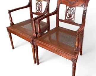 Antique Carved Wooden Armchairs w Cane Seats