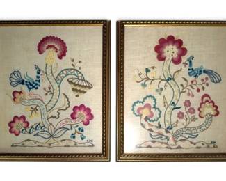 Vintage Crewel Embroidery Panels Floral Bird Motifs