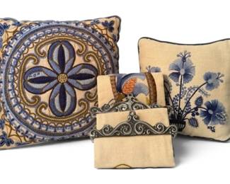Needlepoint Pillows Bell Pull w Blue Floral Motifs