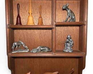 Wood Shadow Box Shelf With Pewter Wood Figures