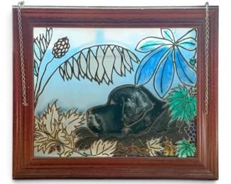 Framed Newfoundland Dog Stained Glass Wall Hanging 17.25 x 14.5