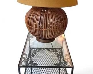 Vintage Woodard Wrought Iron Outdoor Glasstop End Table With Rattan Lamp