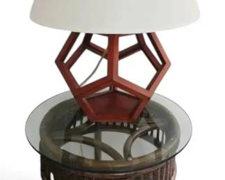 Rattan Wicker Round GlassTop End Table Ralph Lauren Wooden Lamp