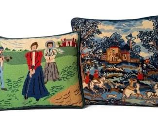 Decorative Needlepoint Pillows Golfing Fox Hunting Scenes