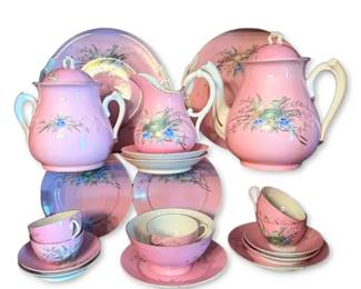 Antique Pink Porcelain Teapot Dish Set w HandPainted Birds and Florals