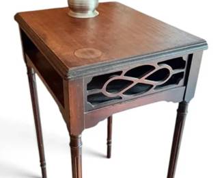 Vintage Wooden Side Table W Oil Lamp