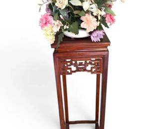 Vintage Chinese Wood Planter Table W Faux Flowers Pot.