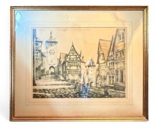 Framed Signed Cityscape Charcoal Drawing