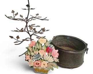 Antique Copper Kettle Cauldron, Metal Tree, More