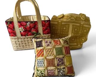 Needlepoint Strawberry Geometric Tote Bags w Patchwork Pillow