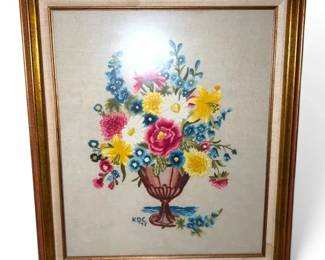 Framed Floral Bouquet Crewel Embroidery Artwork 29 x 25